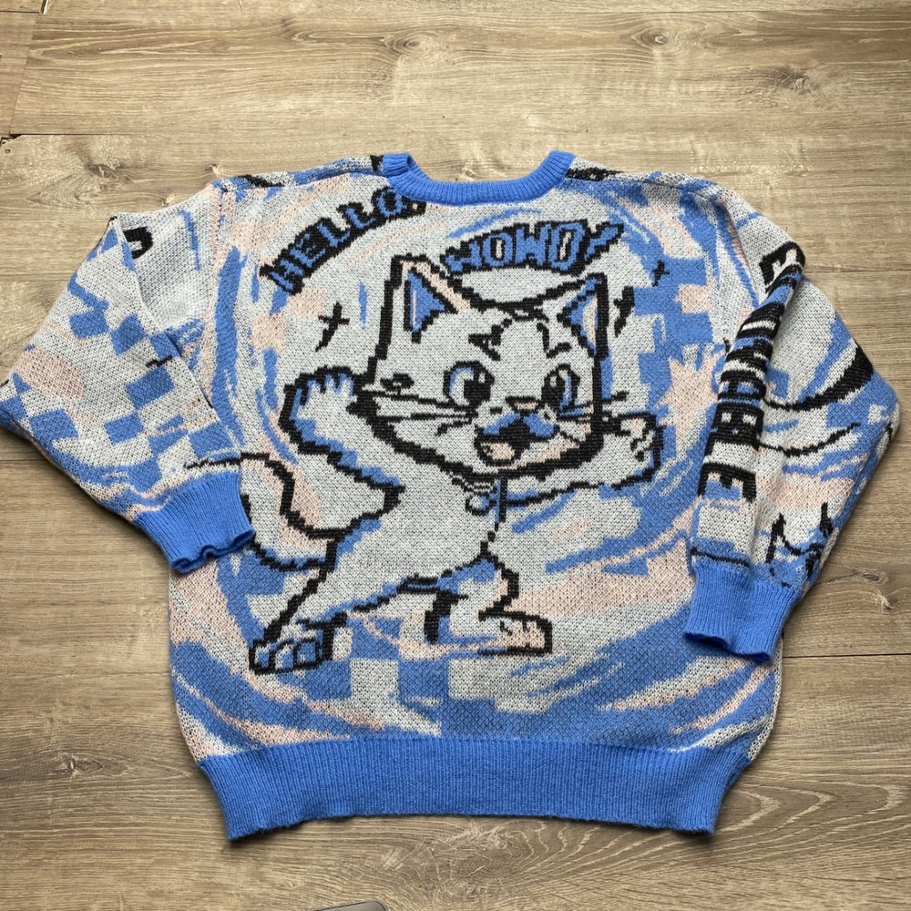 Unbranded Sweater Anime Cat Graphic Mens XL Blue Polyester Knit Crewneck Glitch